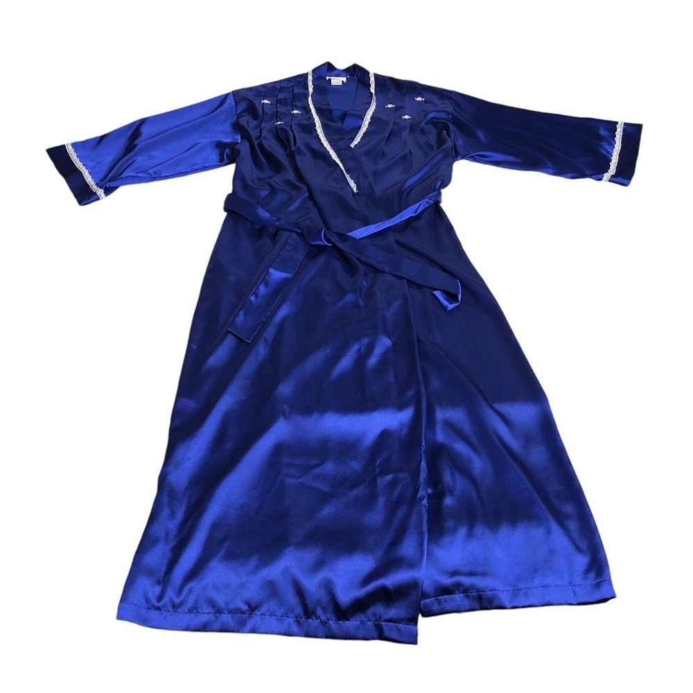 Vintage Barbizon Satin Robe Womens L/XL Blue Embroidered Lace Peignoir Long‎